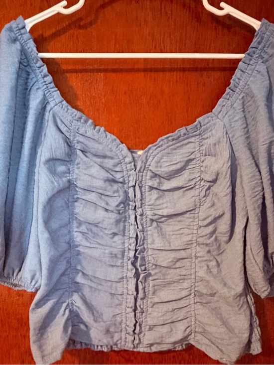 Sienna Sky Tops - Light Blue Sienna Sky Ruched Off-Shoulder Peasant Top - Women